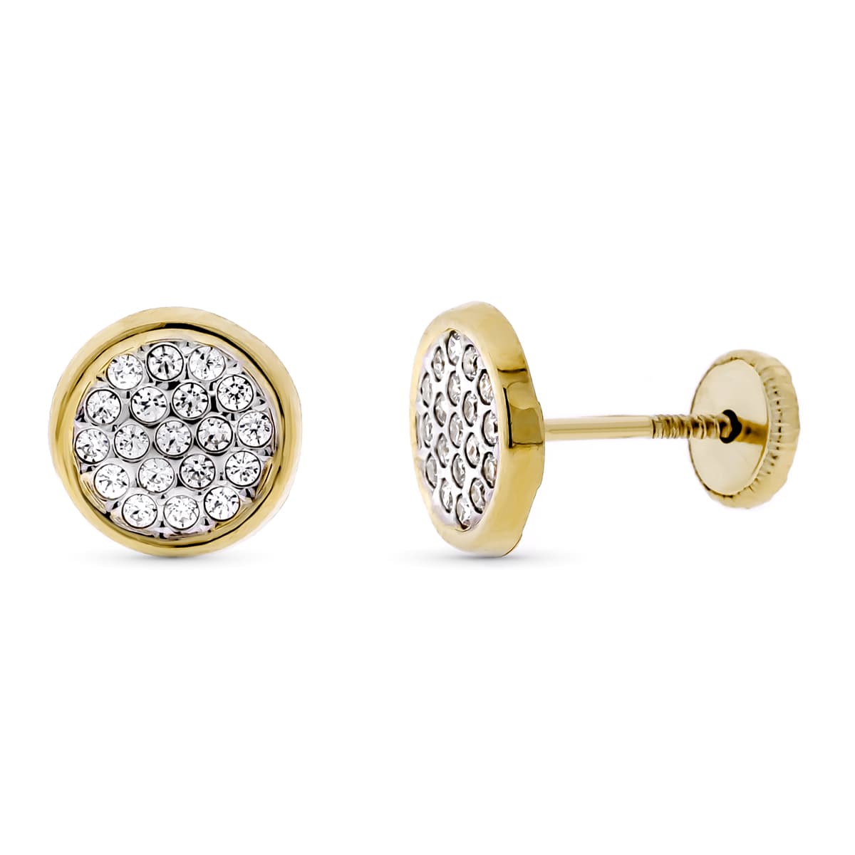 9K PENDIENTES ORO BICOLOR CIRCONITA REDONDOS 8 MM. CIERRE TUERCA