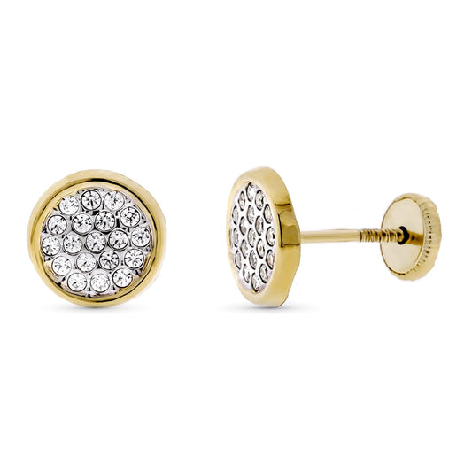 9K PENDIENTES ORO BICOLOR CIRCONITA REDONDOS 8 MM. CIERRE TUERCA