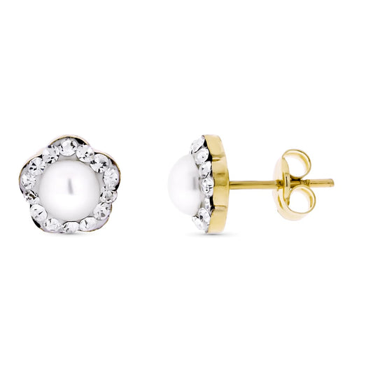Pendientes Flor con Circonitas y Perla 5 mm. Medida: 7 x 7 mm. de oro amarillo 9K