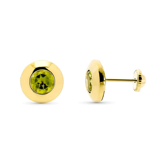9K PENDIENTES ORO AMARILLO CHATON CON OLIVINA NATURAL 5 MM - 1,14 QTS. ANCHO: 7 MM CIERRE TUERCA