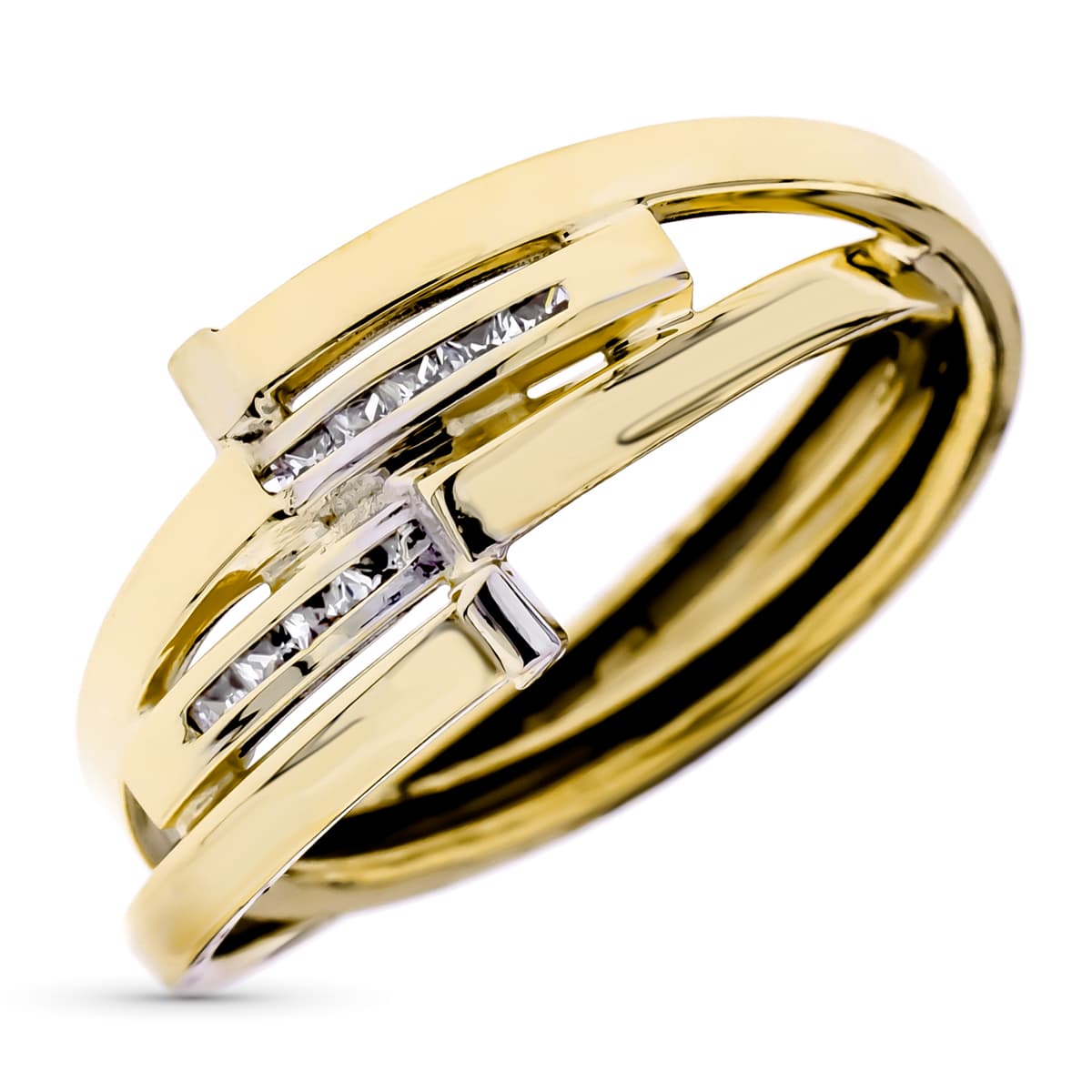 9K SORTIJA ORO AMARILLO BANDAS CRUZADAS CON CIRCONITAS EN CARRIL. ANCHO: 10 MM