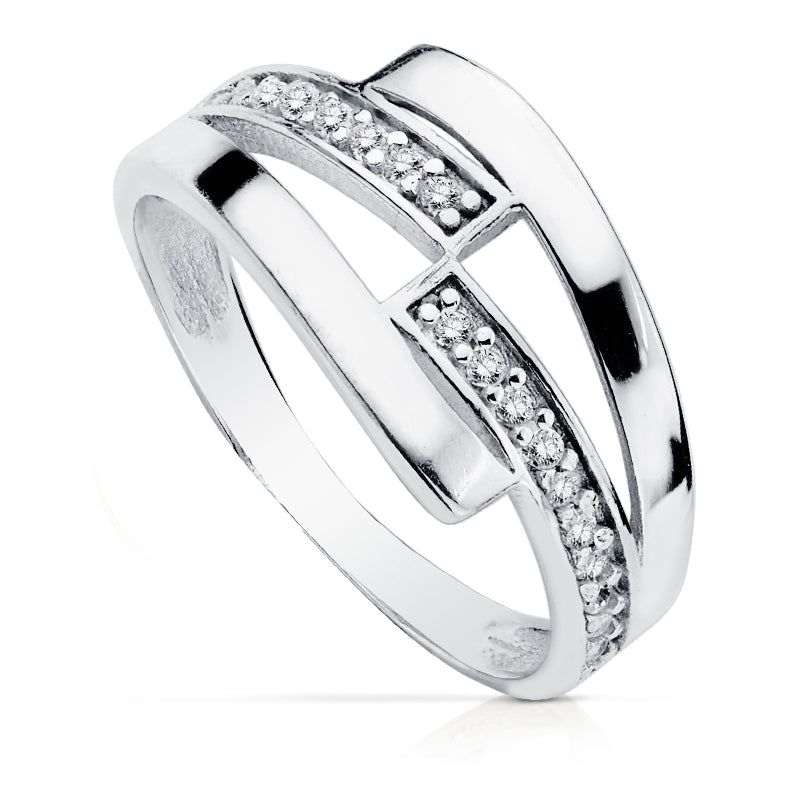 Sortija Bandas con Circonitas. Ancho: 9 mm de oro blanco 9K