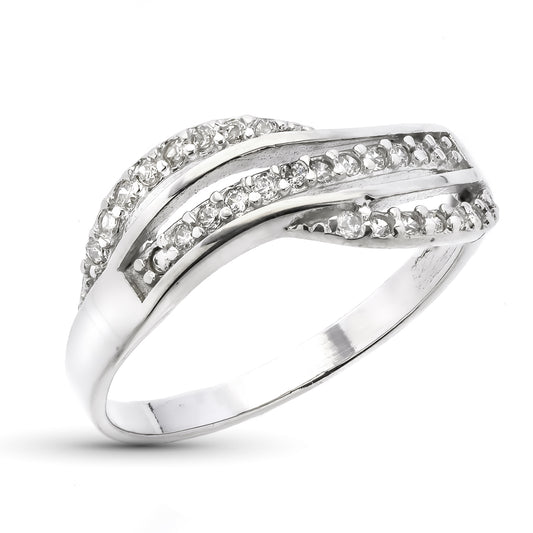 9K SORTIJA ORO BLANCO ONDAS CON CIRCONITAS. ANCHO: 7 MM