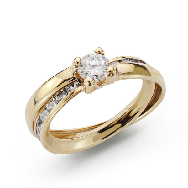Solitario Bandas con Circonitas en Carril y Circonita con Garras. Ancho: 5 mm de oro amarillo 9K