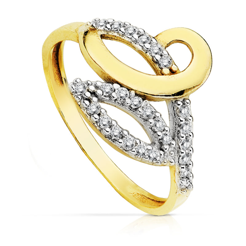 9K SORTIJA ORO BICOLOR HOJAS CALADAS CON CIRCONITAS. ANCHO: 13 MM