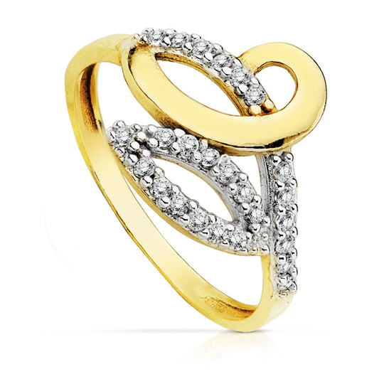 9K SORTIJA ORO BICOLOR HOJAS CALADAS CON CIRCONITAS. ANCHO: 13 MM