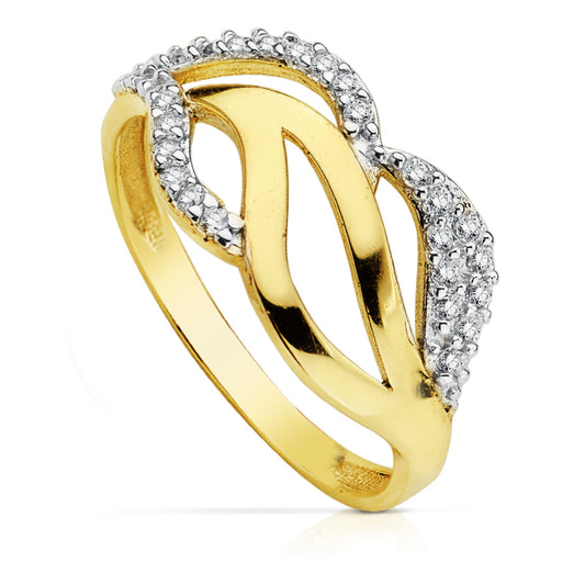 9K SORTIJA ORO BICOLOR MOTIVO CALADO CON ONDAS Y CIRCONITAS. ANCHO: 10 MM