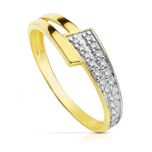 9K SORTIJA ORO BICOLOR BANDAS CARRIL CON CIRCONITAS. ANCHO 7 MM