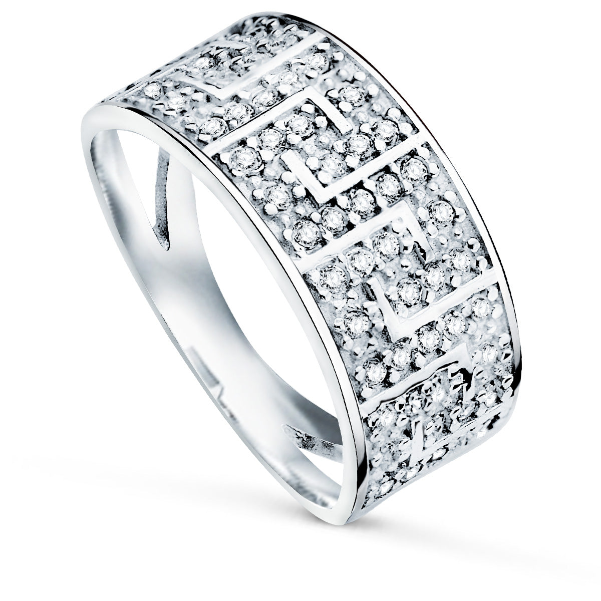 Sortija Grecas con Circonitas. Ancho: 9 mm de oro blanco 9K