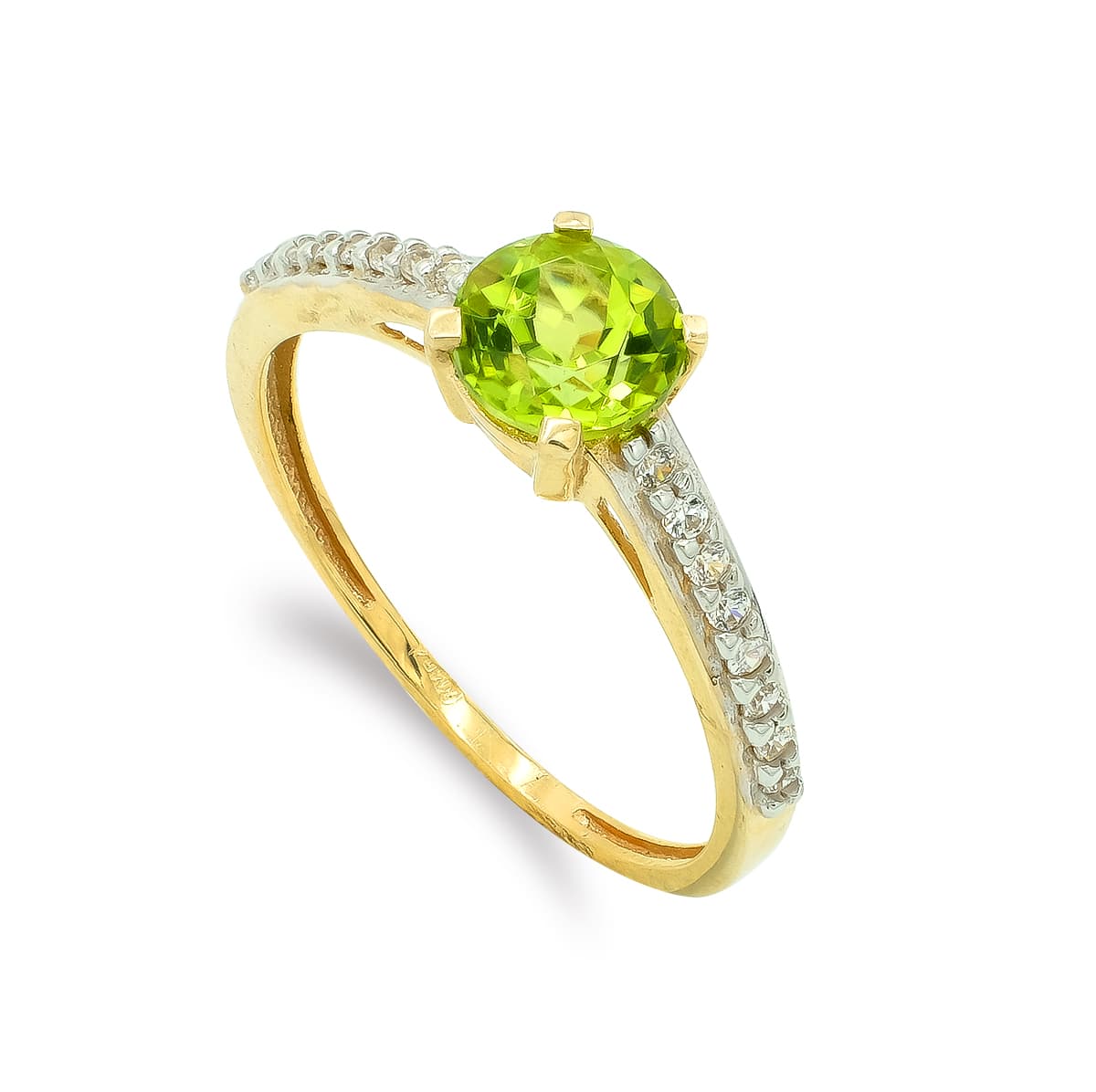 9K SOLITARIO ORO BICOLOR CON OLIVINA DE 6 MM EN GARRAS.