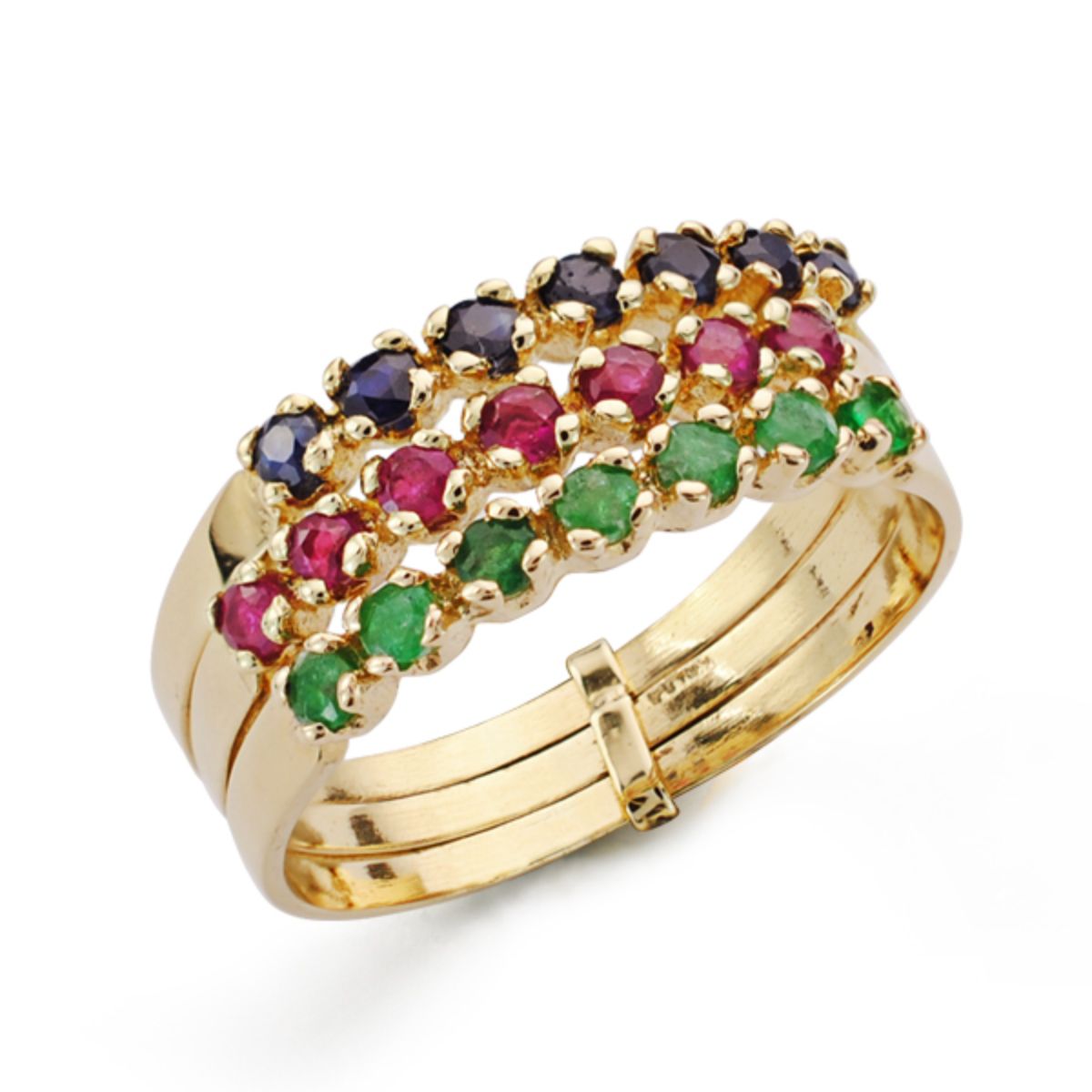 9K SORTIJA ORO AMARILLO 3 AROS CON ZAFIRO, RUBI Y ESMERALDA. ANCHO: 7 MM