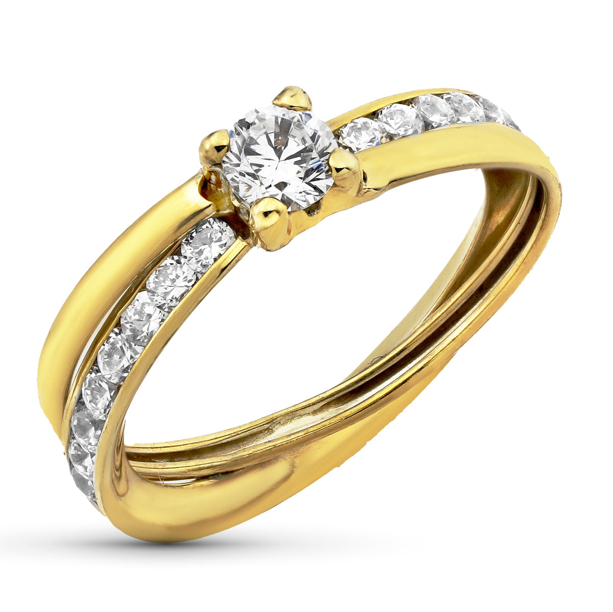 Sortija Bandas con Circonita en Garra de 4 mm y Circonitas en Carril. de oro amarillo 9K