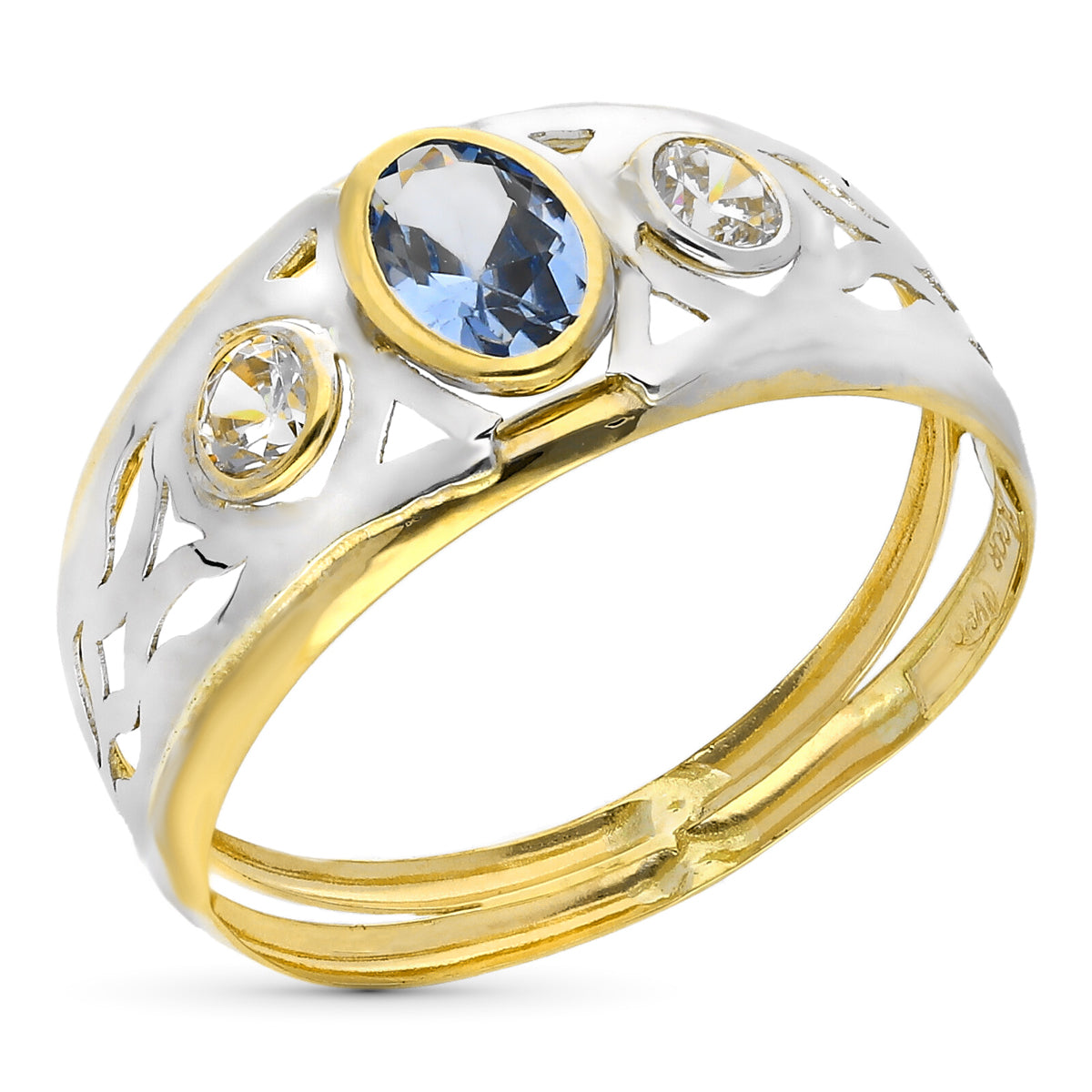 9K SORTIJA ORO BICOLOR DOBLE CUERPO CON CIRCONITA AGUAMARINA OVAL. ANCHO: 9 MM