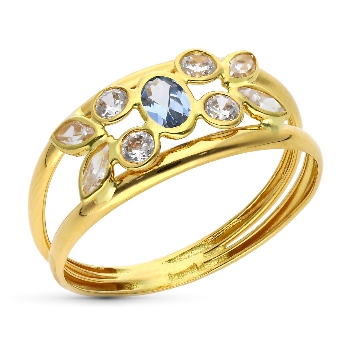 Sortija Doble Cuerpo con Aguamarina y Circonitas. Ancho 8 mm de oro amarillo 9K