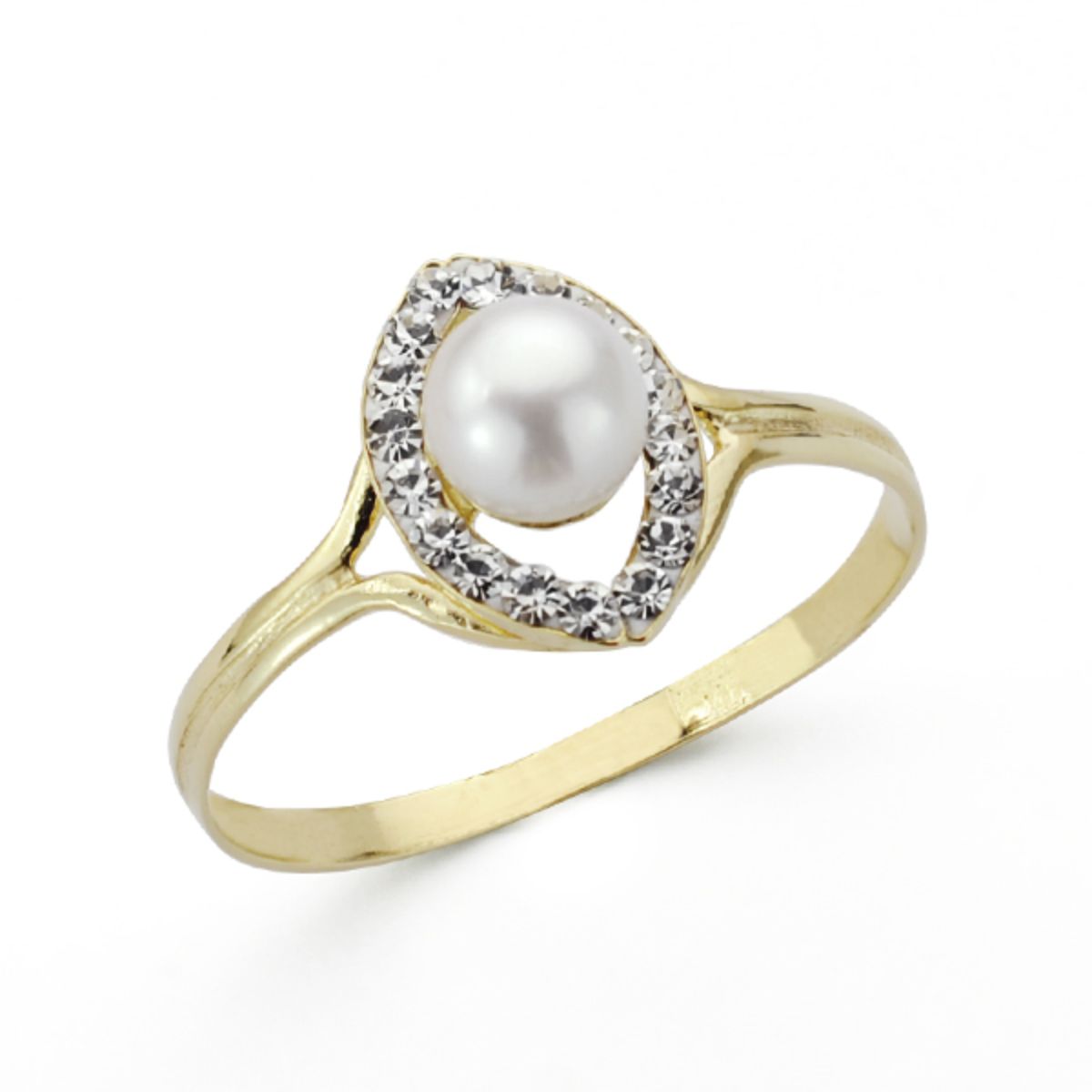 Sortija Oval con Perla y Circonitas. Ancho: 10 mm de oro amarillo 9K