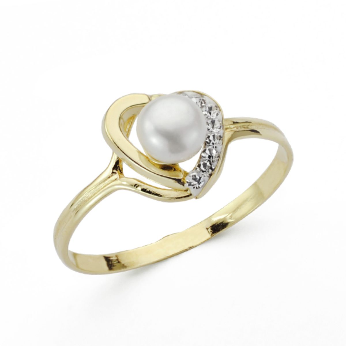 9K SORTIJA ORO AMARILLO CORAZON CON PERLA Y CIRCONITAS. ANCHO: 9,5 MM