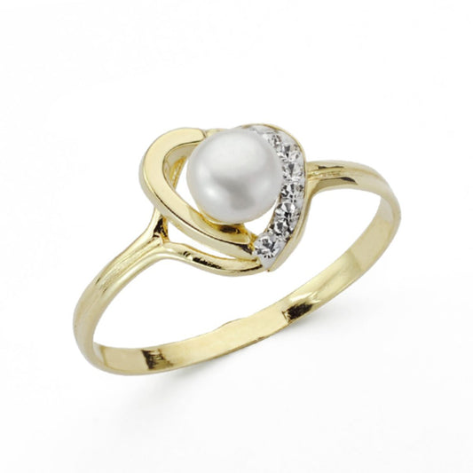 9K SORTIJA ORO AMARILLO CORAZON CON PERLA Y CIRCONITAS. ANCHO: 9,5 MM