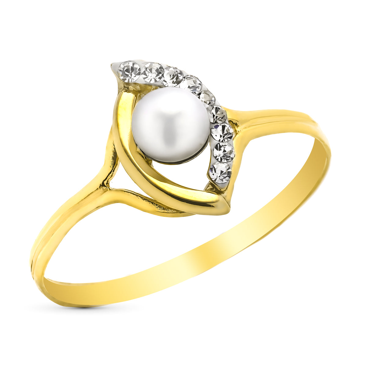 Sortija con Perla y Circonitas. Ancho: 11 mm de oro amarillo 9K