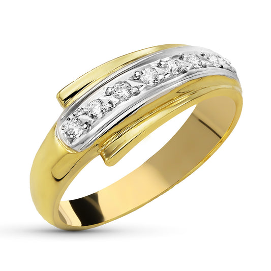 9K SORTIJA ORO BICOLOR MACIZA CON BANDA DE CIRCONITAS. ANCHO: 7 MM