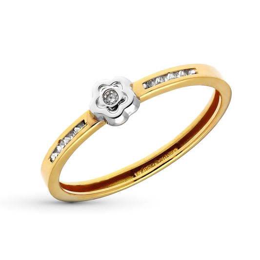 9K SORTIJA ORO BICOLOR MOTIVO FLOR CON CIRCONITA. ANCHO 5 MM