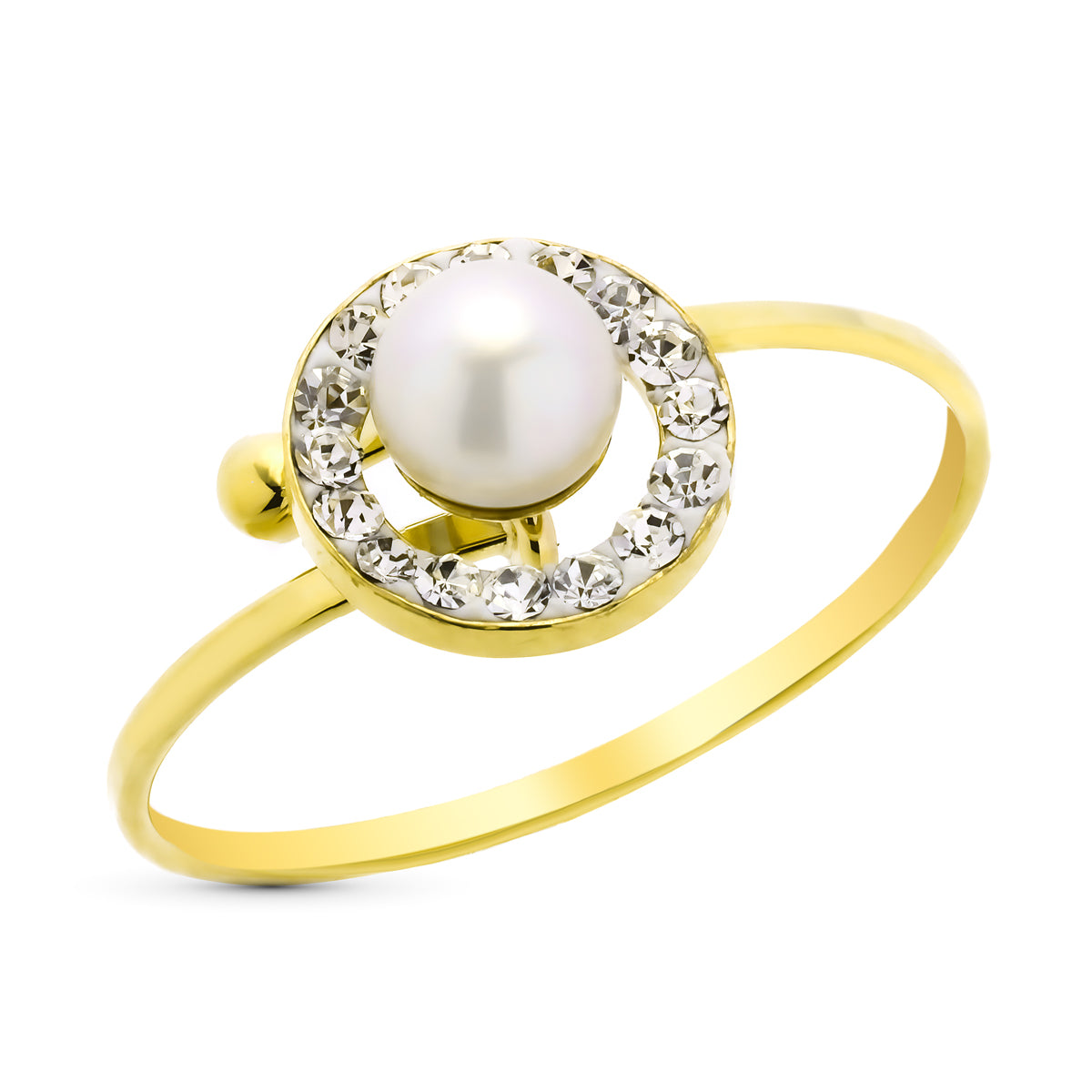 Sortija Ajustable con Circonitas y Perla de 4 mm. Ancho: 8 mm de oro amarillo 9K