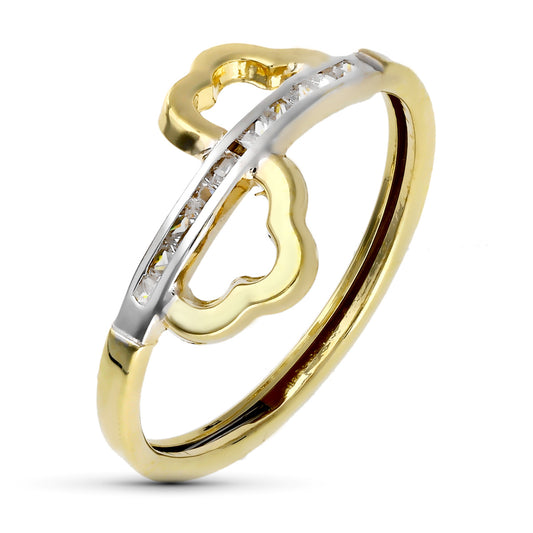 9K SORTIJA ORO BICOLOR FLOR PARTIDA CON CIRCONITAS EN CARRIL. ANCHO: 10 MM