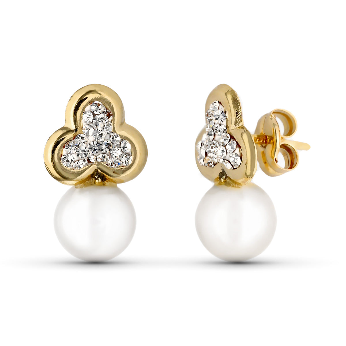 Pendientes Comunion Trebol y Perla Cultivada 14 x 8 mm presión de oro amarillo 9K