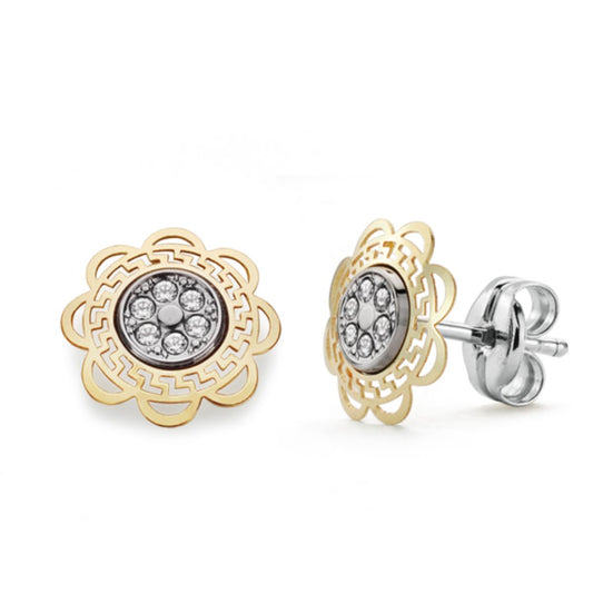 Pendientes Bicolor Flor Calada con Circonita 9 x 9 mm 9K