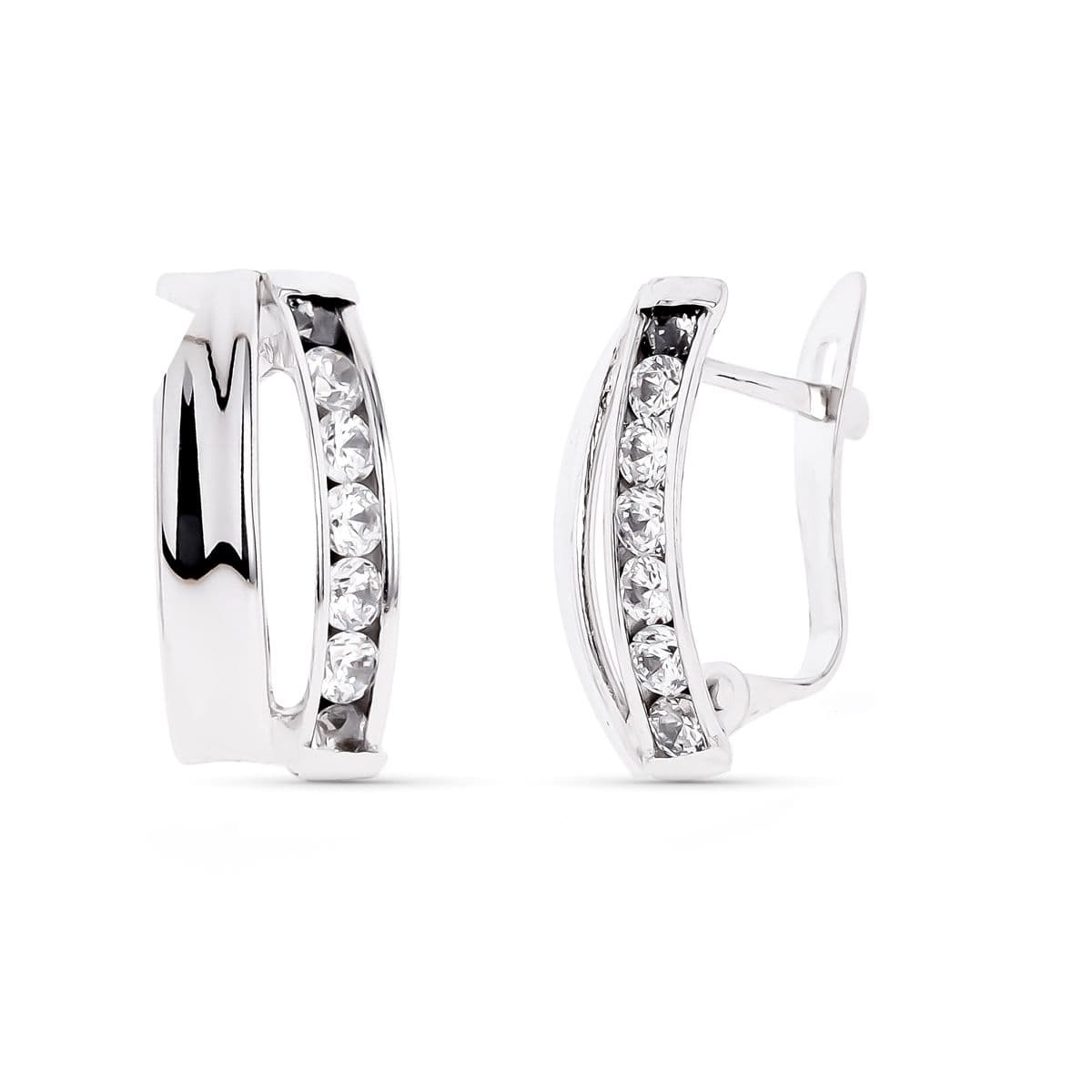 9K PENDIENTES ORO BLANCO BANDAS CON CIRCONITA 14X7 MM CIERRE CATALAN