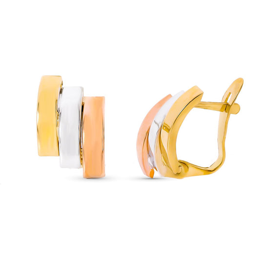 9K PENDIENTES ORO TRICOLOR BANDAS BRILLO 14X8 MM CIERRE CATALAN