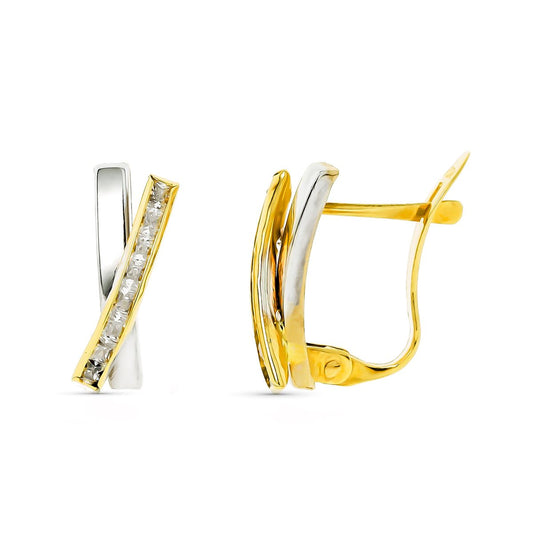 Pendientes Bicolor Bandas con Circonita 12 x 6 mm 9K