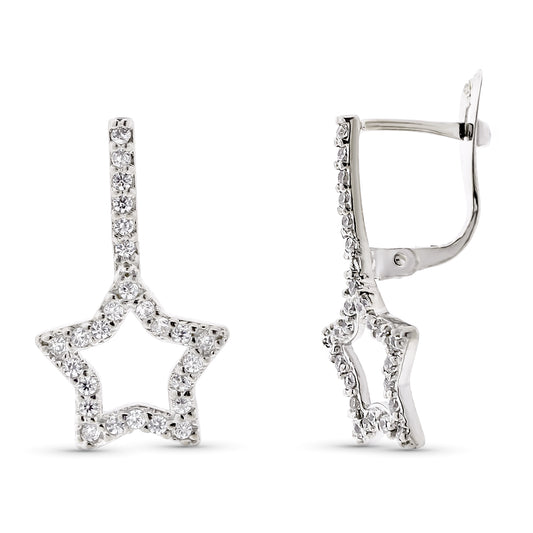 9K PENDIENTES ORO BLANCO DOBLE CUERPO ESTRELLA 20X12 MM CIERRE CATALAN