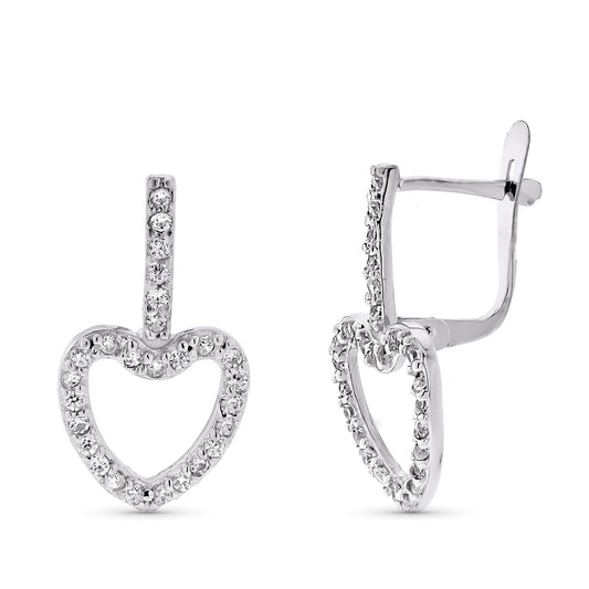9K PENDIENTES ORO BLANCO DOS CUERPOS CORAZON CIRCONITA 20X10 MM CIERRE CATALAN