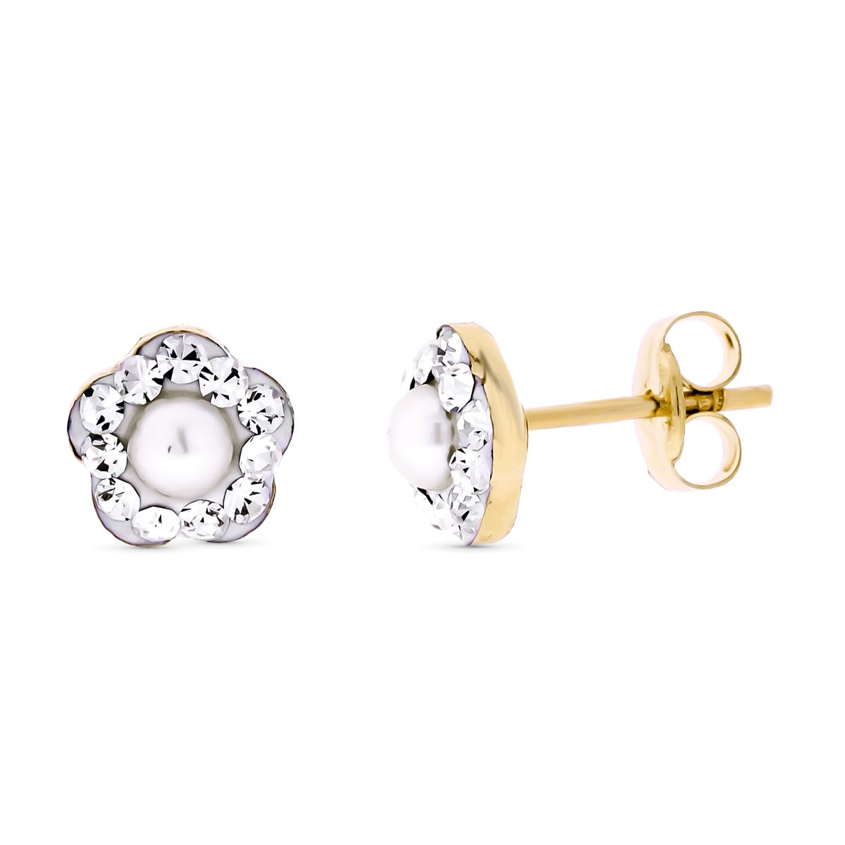 Pendientes Flor Circonita Perla 3 mm Ancho Total 6 mm presión de oro amarillo 9K