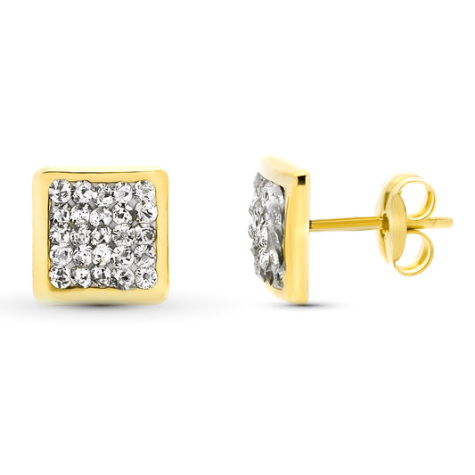 9K PENDIENTES ORO AMARILLO CUADRADOS. CIRCONITA 7 X 7 MM PRESION
