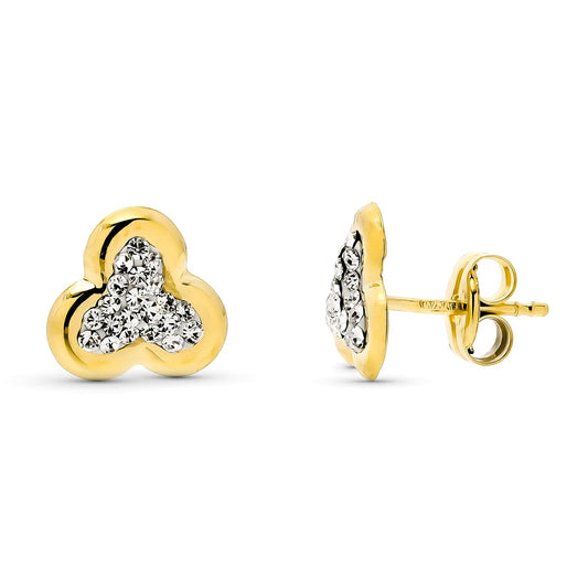 9K PENDIENTES ORO AMARILLO TREBOL CON CIRCONITAS 7X7 MM. CIERRE PRESION