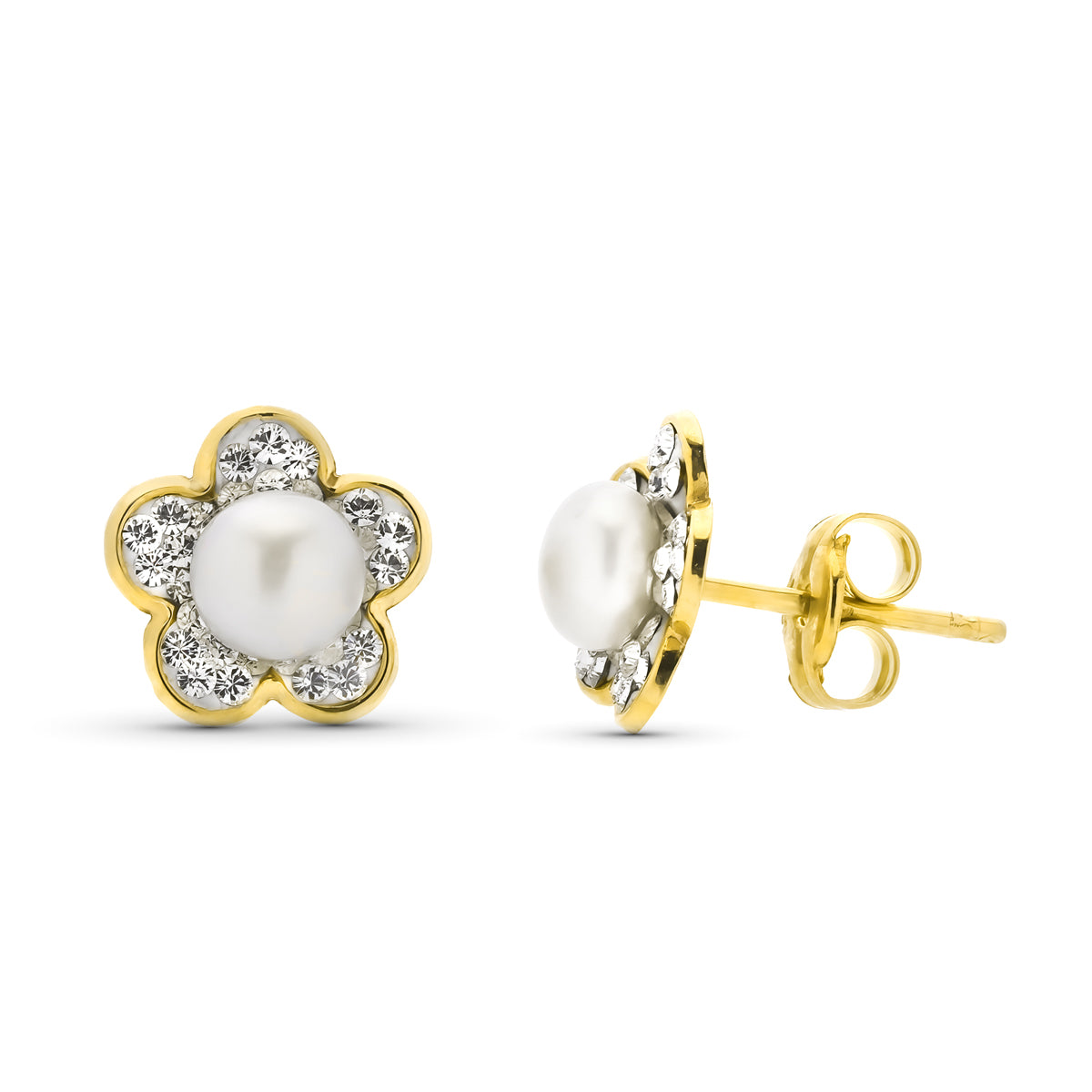 Pendientes Circonita Perla 4,50 mm Total 9 mm presión de oro amarillo 9K