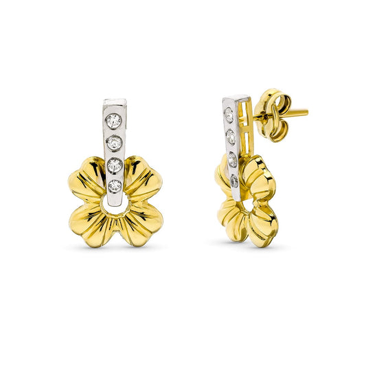 9K PENDIENTES ORO BICOLOR FLOR CON CIRCONITAS EN CARRIL. CIERRE PRESION