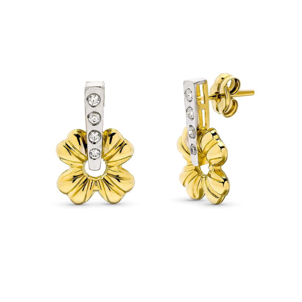Pendientes Bicolor Flor con Circonitas en Carril. 9K