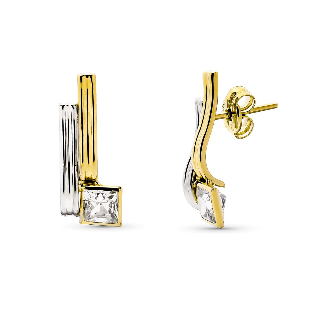 Pendientes Bicolor Bandas Circonita 16 x 7 mm 9K