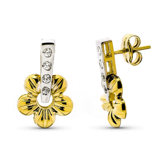 Pendientes Bicolor Flor Banda Circonita. Medida: 15 x 10 mm. 9K