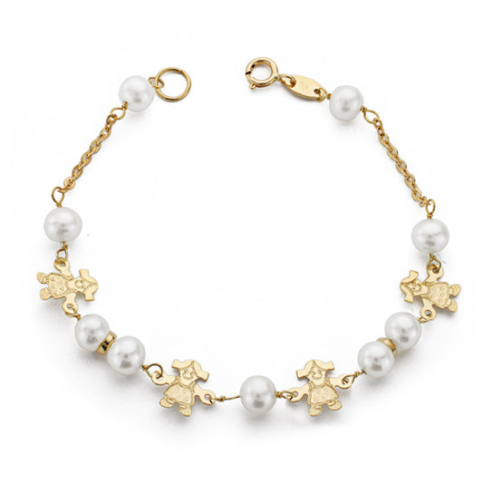 9K PULSERA ORO AMARILLO CON PERLAS DE 5,5 MM Y MUÑECAS. LARGO: 17 CM
