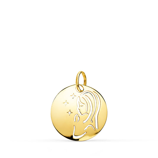 Medalla Virgen Niña Redonda Calada Tumbo en Brillo 15 mm de oro amarillo 9K