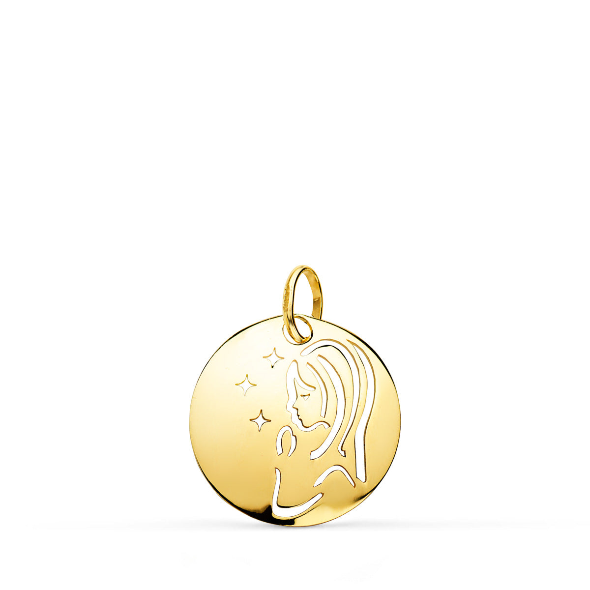 9K MEDALLA ORO AMARILLO VIRGEN NIÑA ORO AMARILLO REDONDA CALADA TUMBO EN BRILLO 15 MM