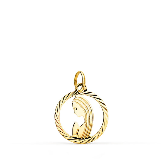 Medalla Virgen Niña Redonda Tallada Helice. 14 mm de oro amarillo 9K
