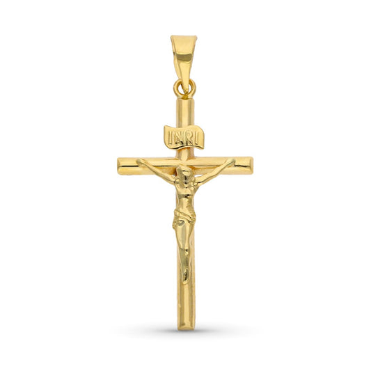 9K COLGANTE CRUZ CON CRISTO ESTAMPADO. MEDIDA: 24 X 14 MM. TUBO 2 MM