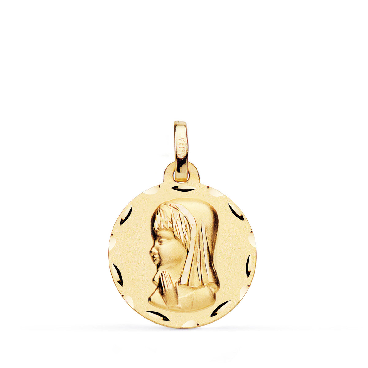Medalla Virgen Niña Perfil Tallada. Medida: 18 mm de oro amarillo 9K