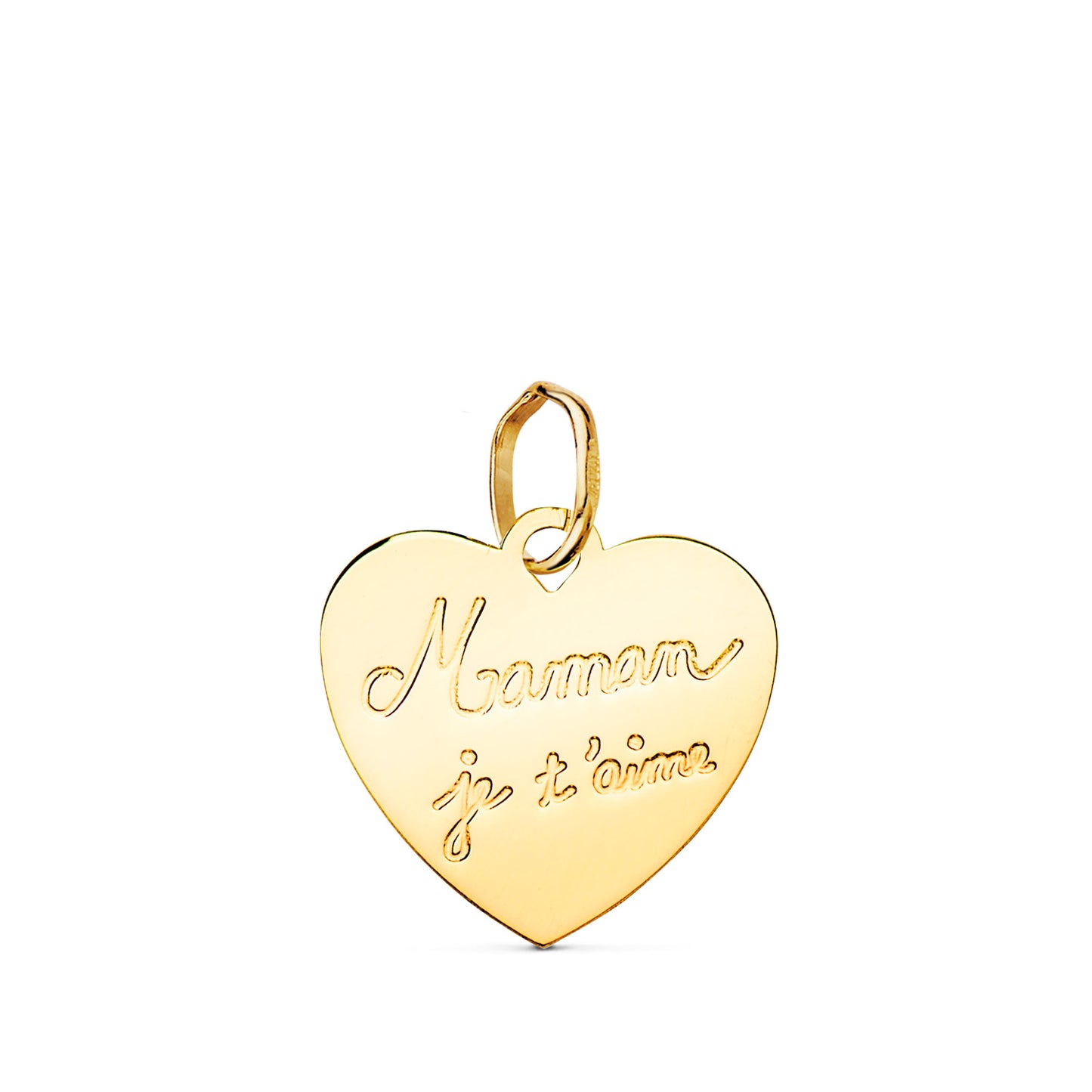 9K COLGANTE ORO AMARILLO CORAZON EN BRILLO MAMAN JE T AIME. 14X14MM