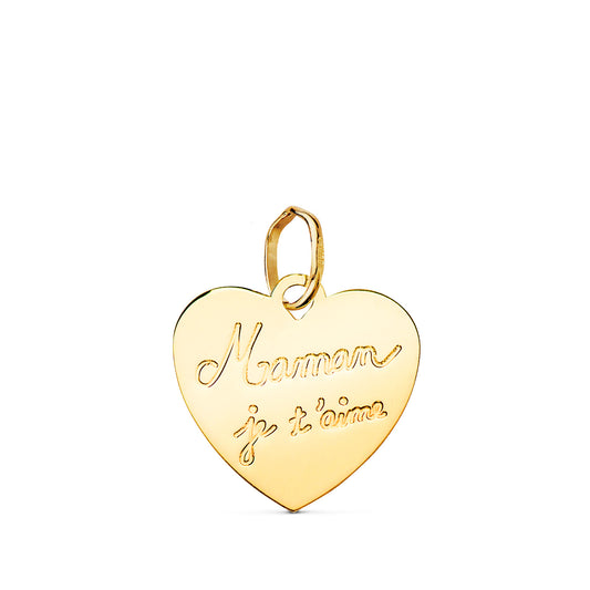 9K COLGANTE ORO AMARILLO CORAZON EN BRILLO MAMAN JE T AIME. 14X14MM