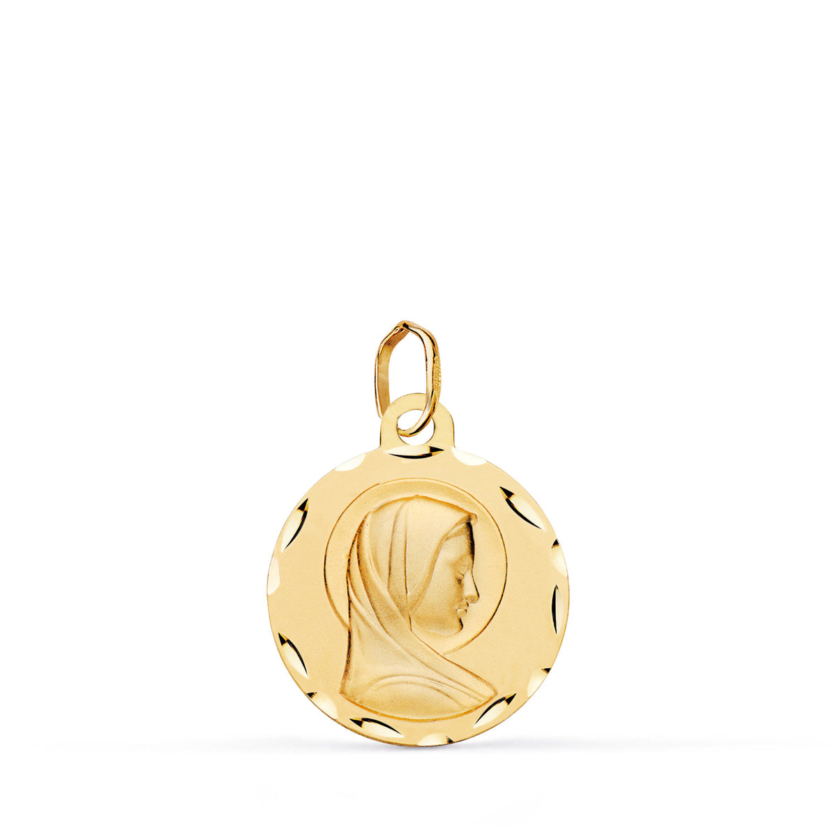 Medalla Maria Francesa Tallada y Matizada. Medida: 16 mm de oro amarillo 9K